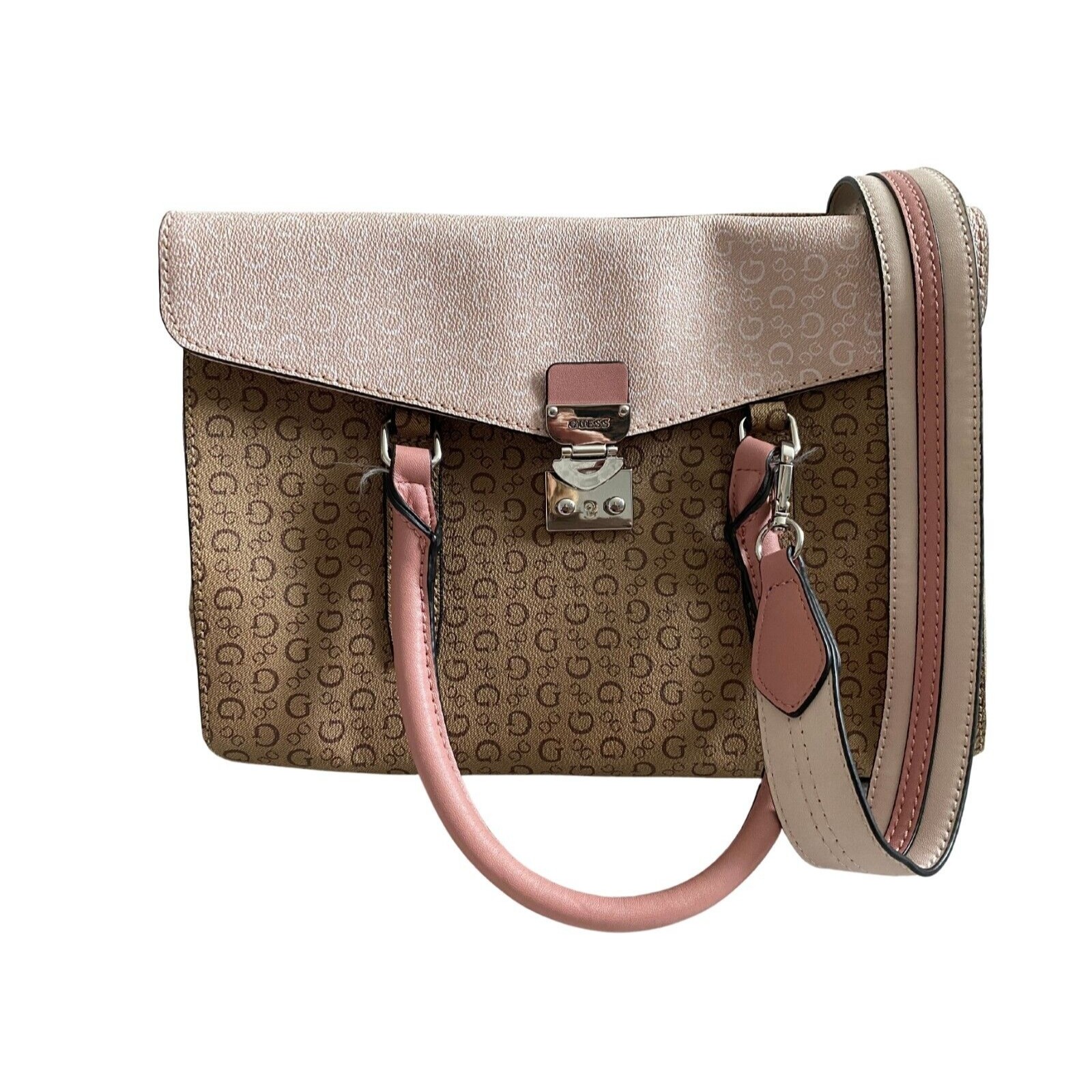 Guess Handbag Blush Pink Signature Logo Multi-Pocket Satchel Purse Adjustable
